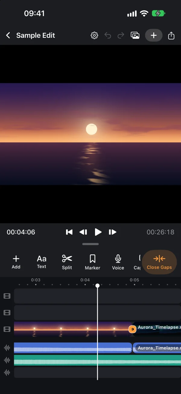 Cutsuite: a sunset clip in the viewer above a multitrack timeline.