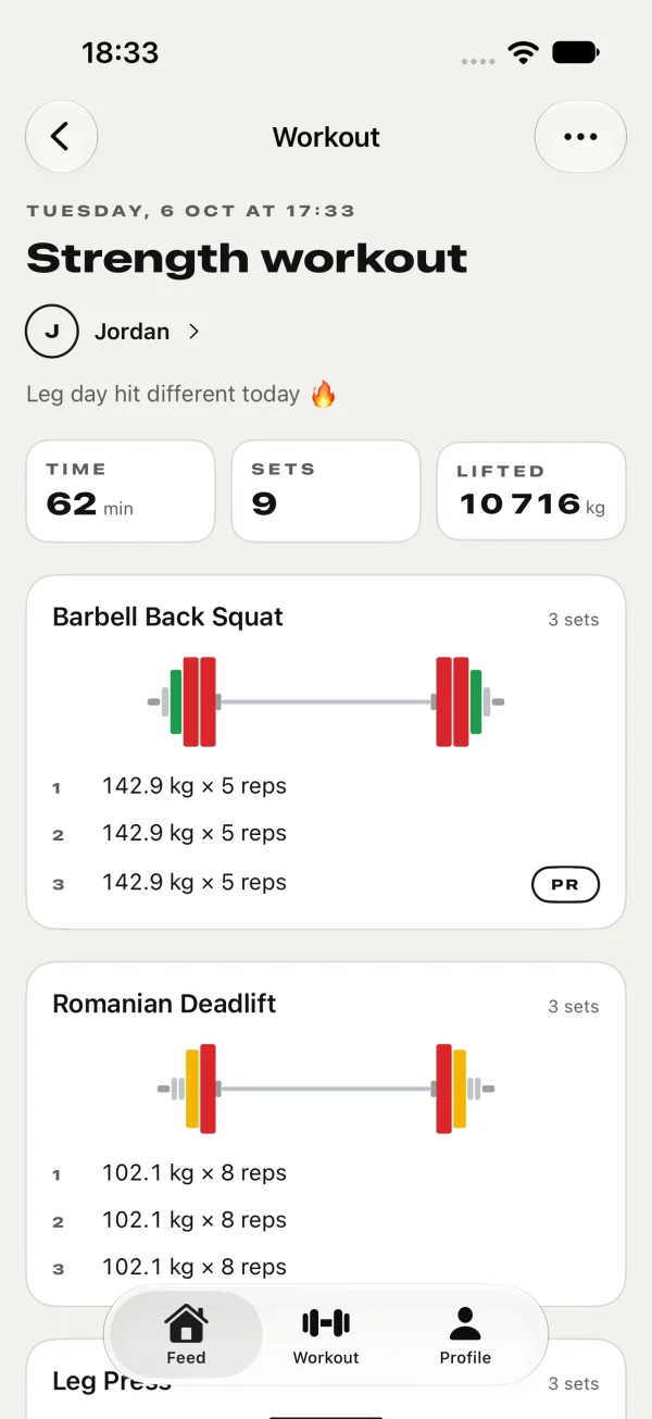 GAINZ: a 62-minute strength workout with 9 sets and 10,716 kg lifted, starting with barbell back squats.