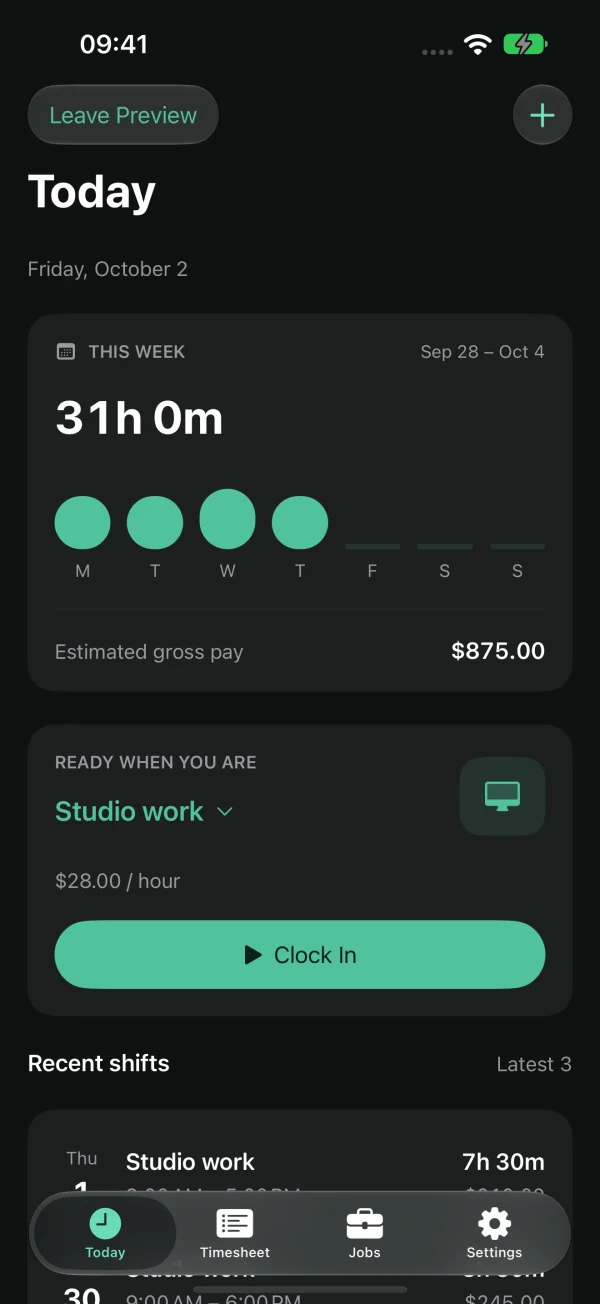 Hourfolio: 31 hours this week, estimated gross pay and a Clock In button.